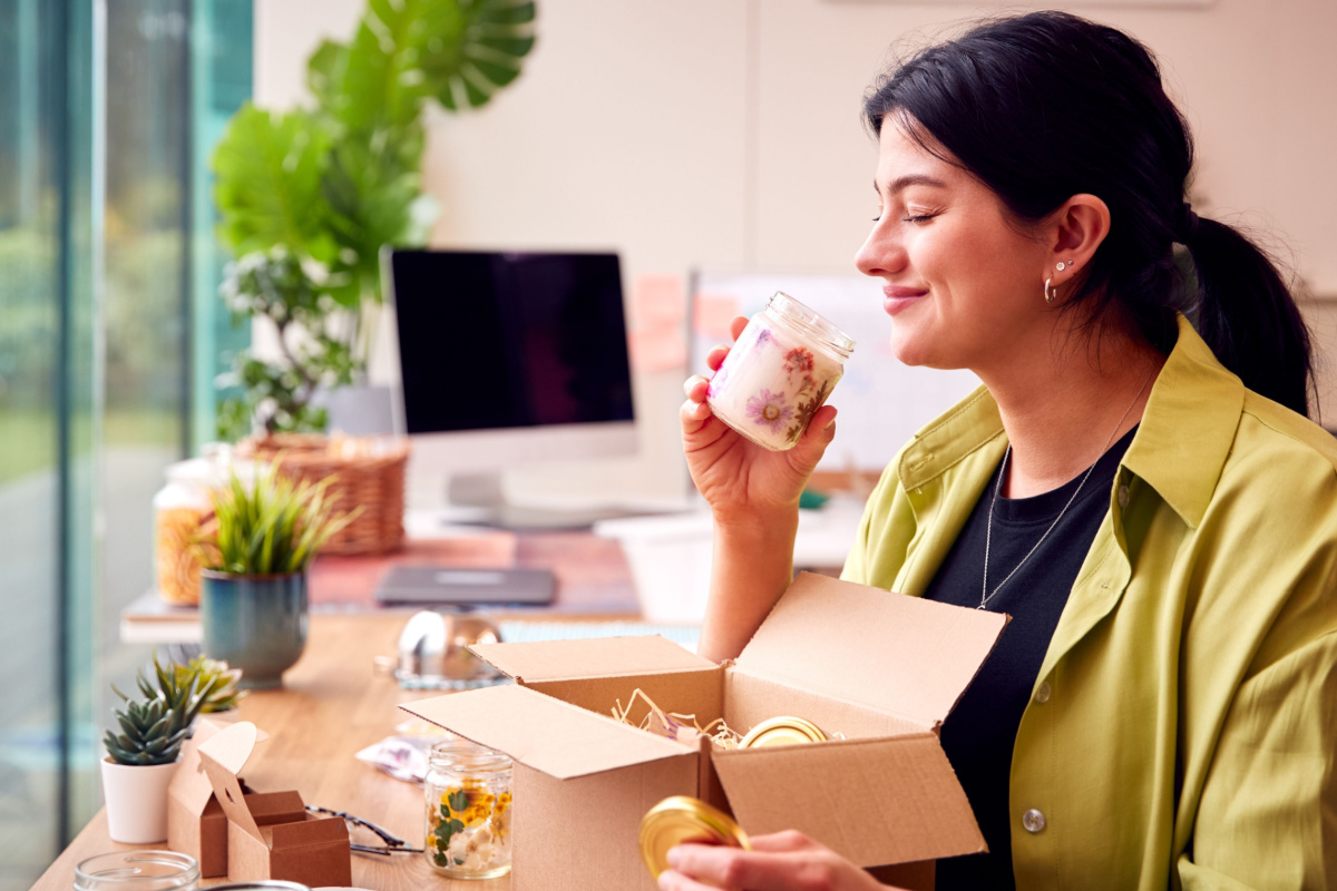 Customer opening package and smelling candles