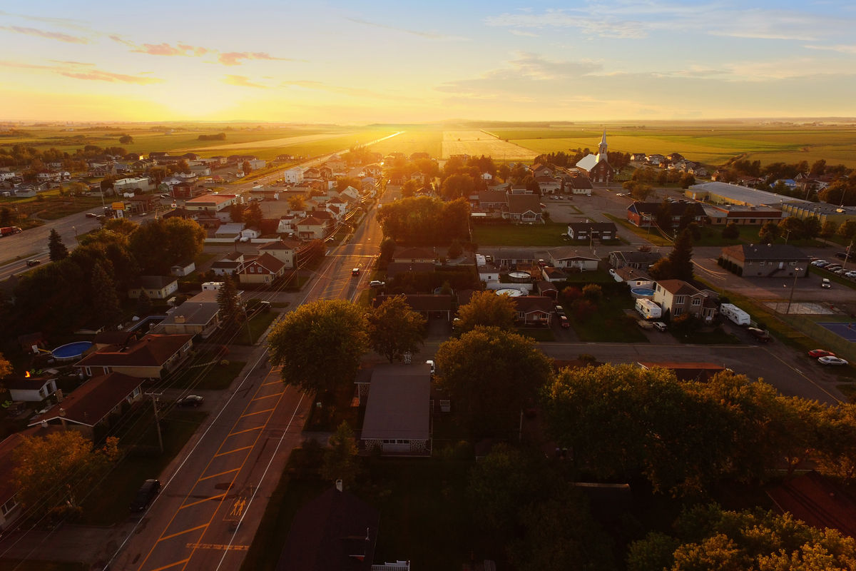 A small town at sunset.